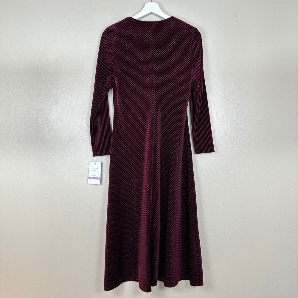 Maison‎ Tara Women's 6 Midi Dress Burgundy Metallic Ribbed V-Neck NEW - Picture 2 of 10
